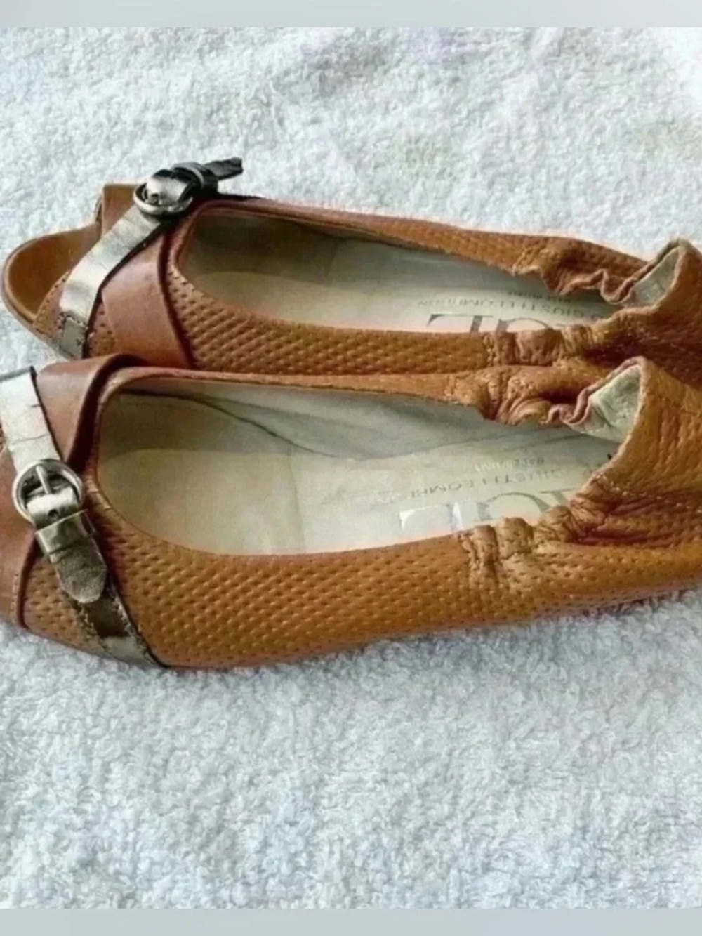 Women’s Tan Leather Ballet Flats with Metallic Buckle